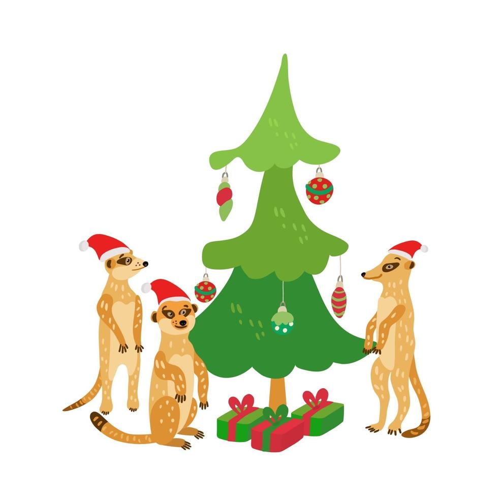 una familia feliz de suricatas con gorro de Papá Noel cerca del árbol de Navidad. vector