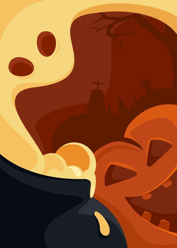 Abstract poster with ghost and pumpkin head. Halloween postcard design vector