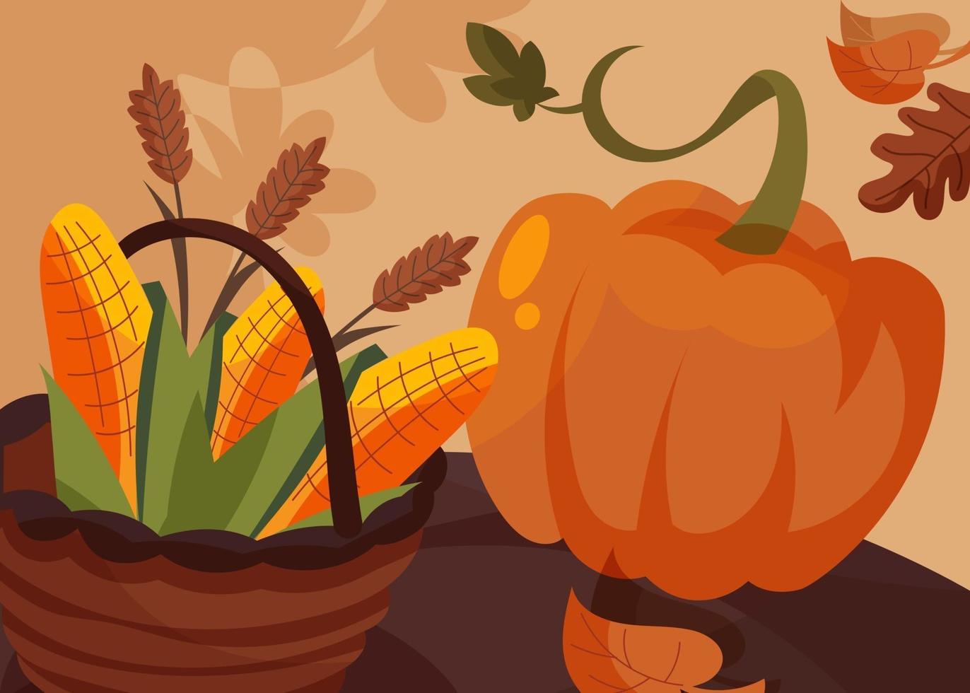 Banner with basket of corn and pumpkin. Thanksgiving day placard. vector