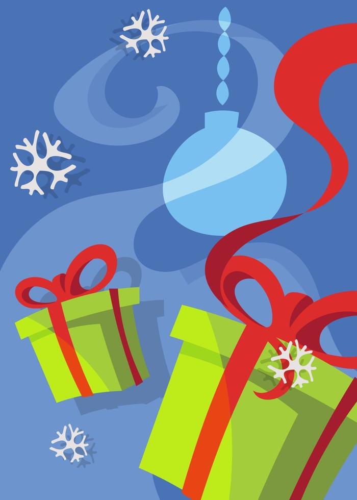 cartel con cajas de regalo. diseño de postal navideña en estilo de dibujos animados. vector