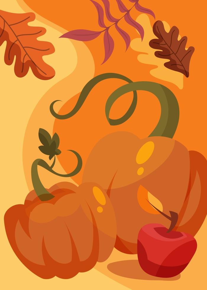 Poster with pumpkin and apple. Thanksgiving day postcard design. vector
