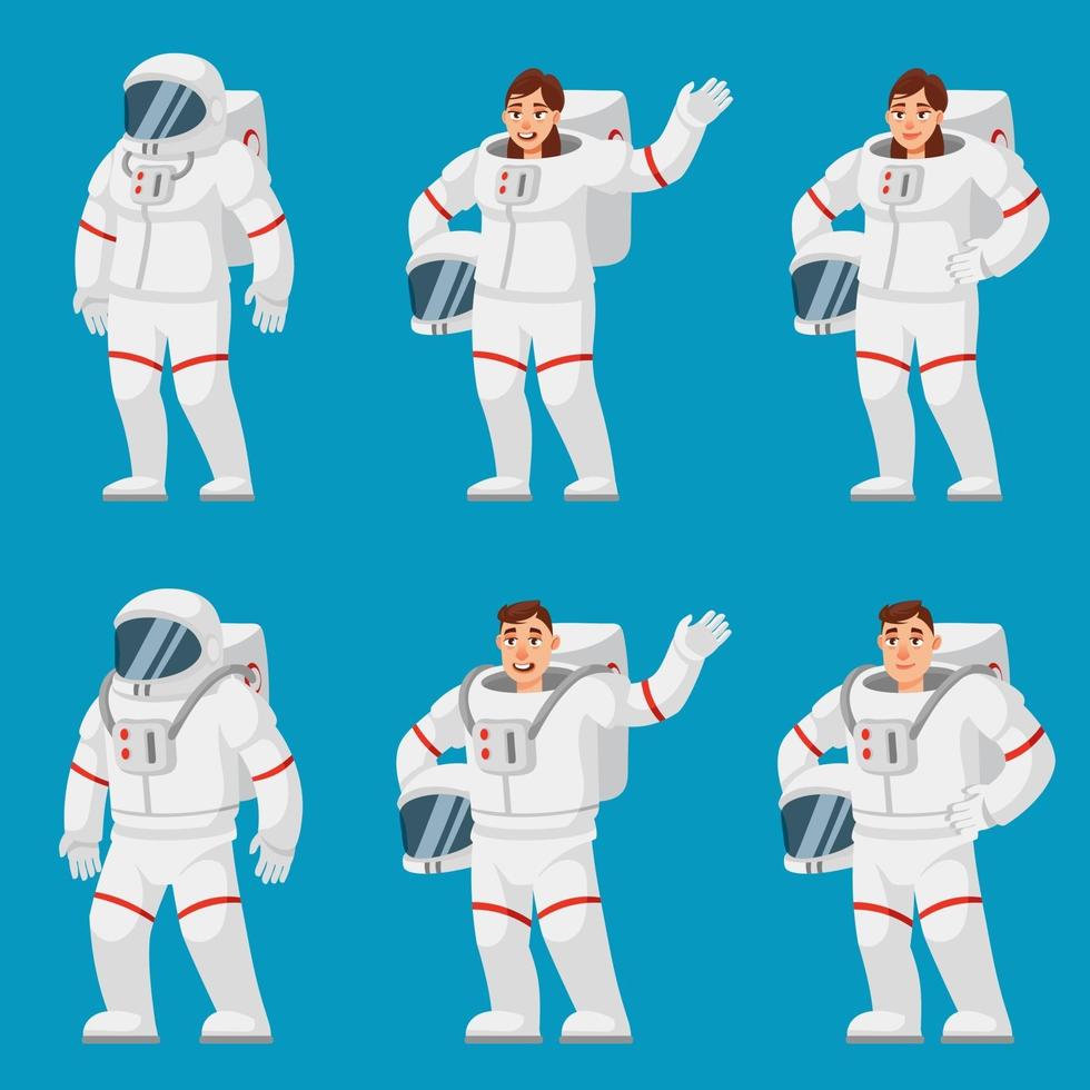 Set of astronauts in different poses. Male and female persons. vector