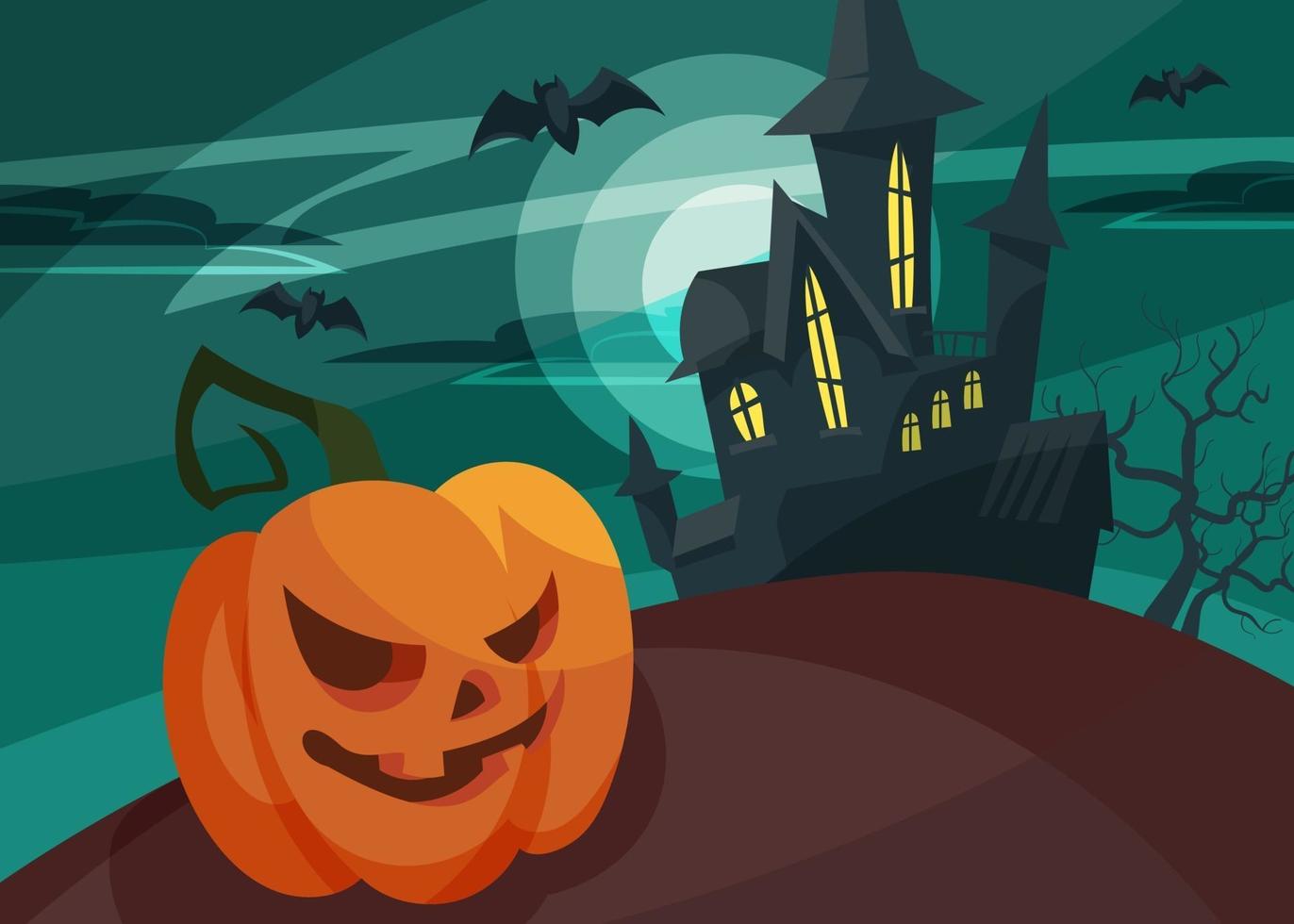 Banner with pumpkin head on background of castle. Halloween postcard. vector