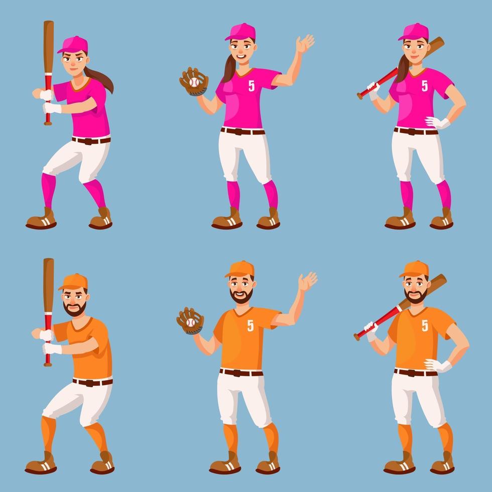 jugadores de béisbol masculinos y femeninos. hombre y mujer en estilo de dibujos animados. vector