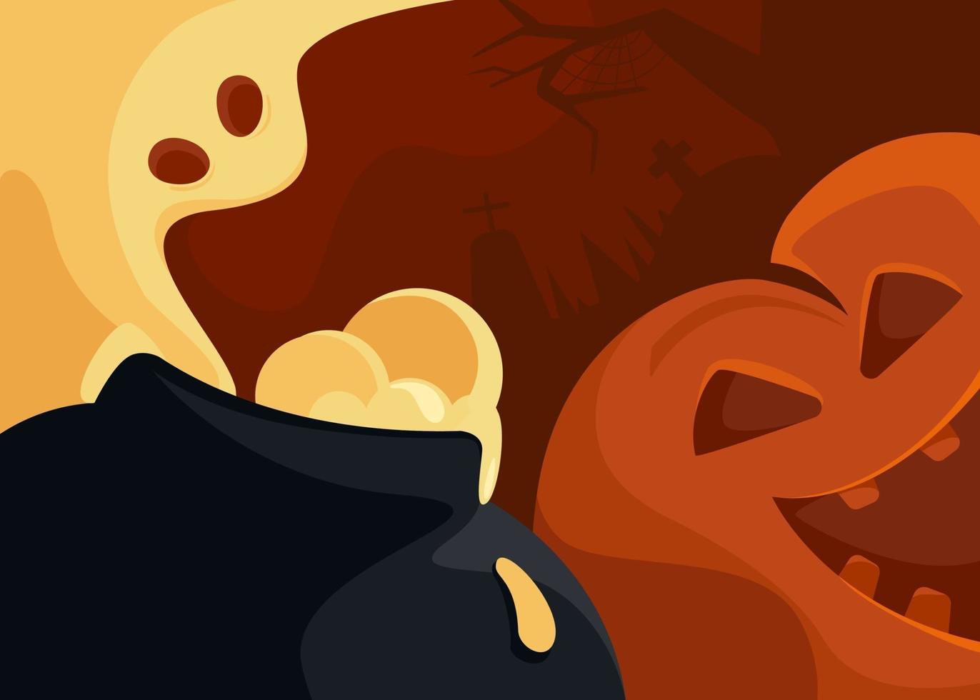 Abstract banner with ghost and pumpkin head. Halloween postcard design vector