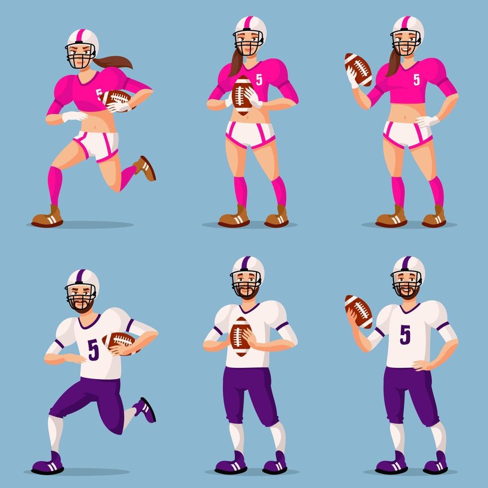 American football players in different poses. Male and female persons. vector