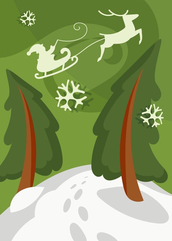 Santa Claus flying in sleigh over the spruces. Christmas poster. vector