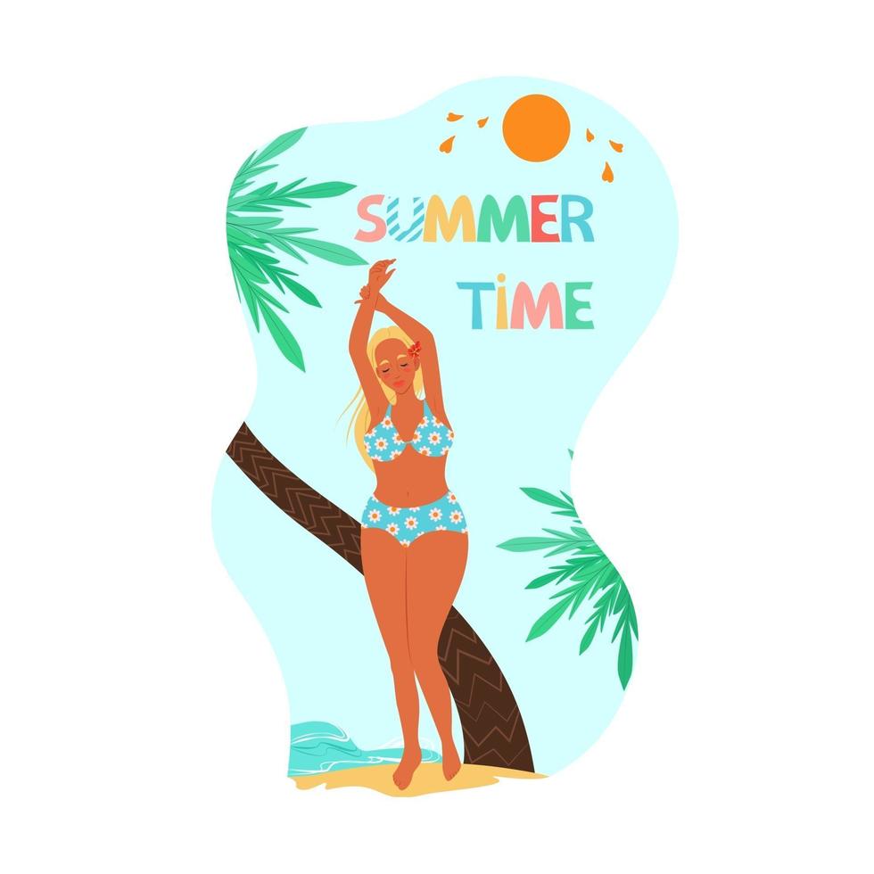 Girl in a bathing suit on the beach enjoys the rest, illustration. vector