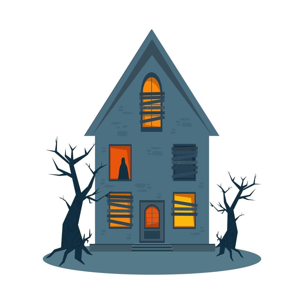 Scary haunted house and broken windows, Halloween horror house. vector