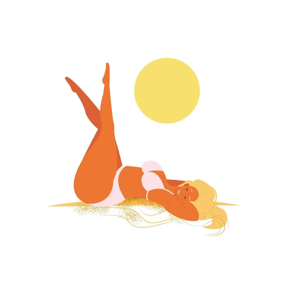 Positive body, girl size xl in a bathing suit sunbathes, illustration vector