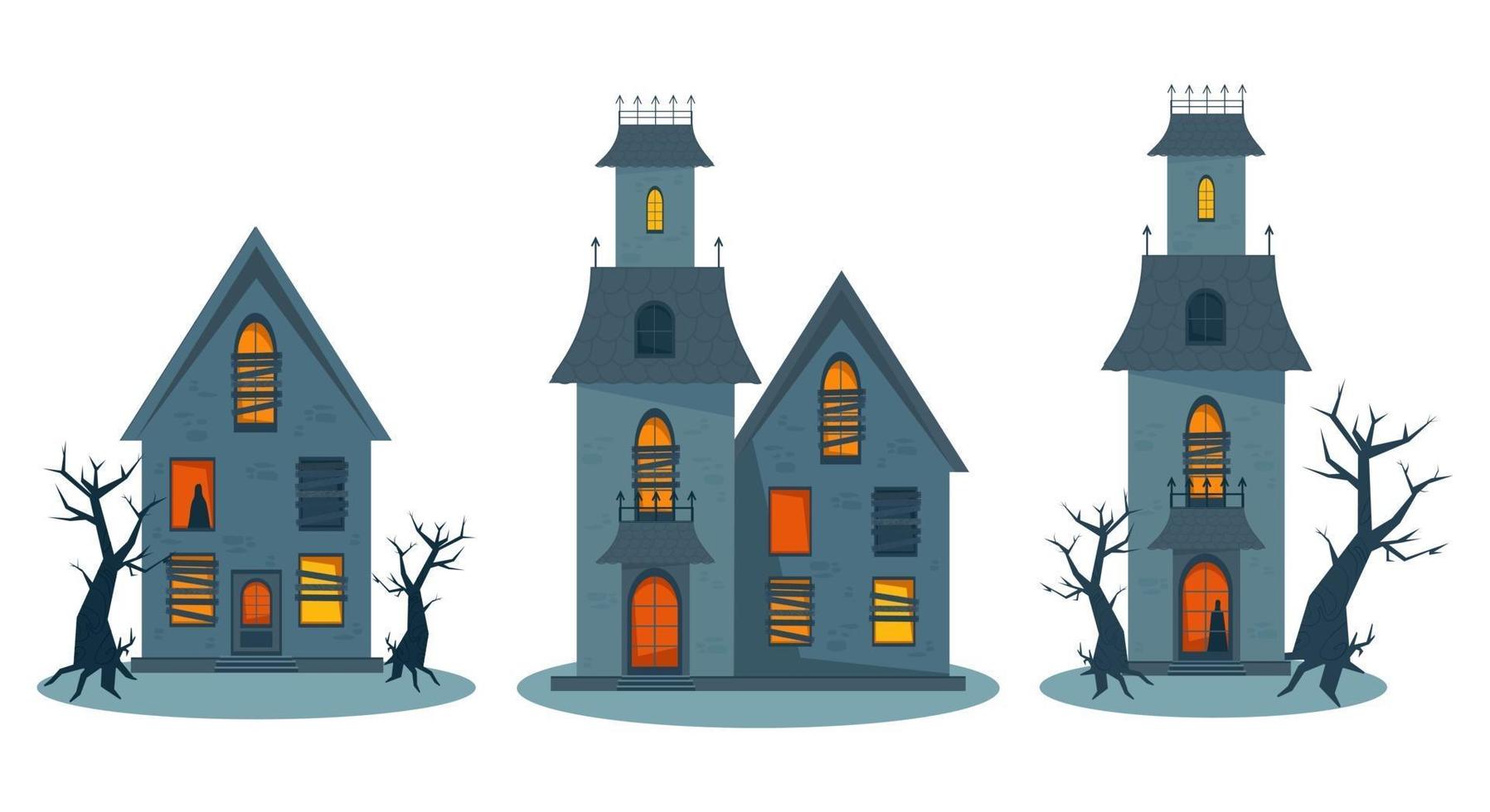 Scary haunted house, Halloween horror house set. Vector illustration