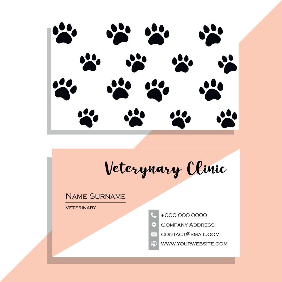 Tarjeta de visita veterinaria blanca y rosa con diseño de huella de perro vector