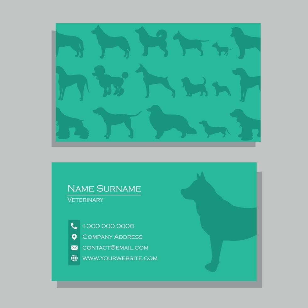 Tarjeta de visita veterinaria turquesa con diseño de siluetas de perros vector