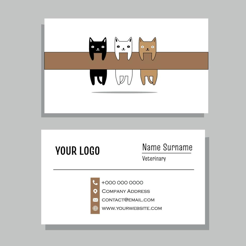 Tarjeta de visita veterinaria blanca y marrón con diseño de tres gatos. vector