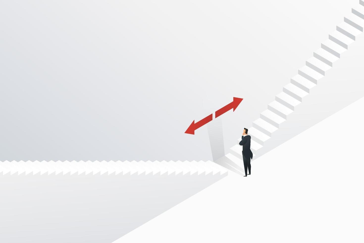 Businessman confuse to choose which direction to go up the stairs. vector