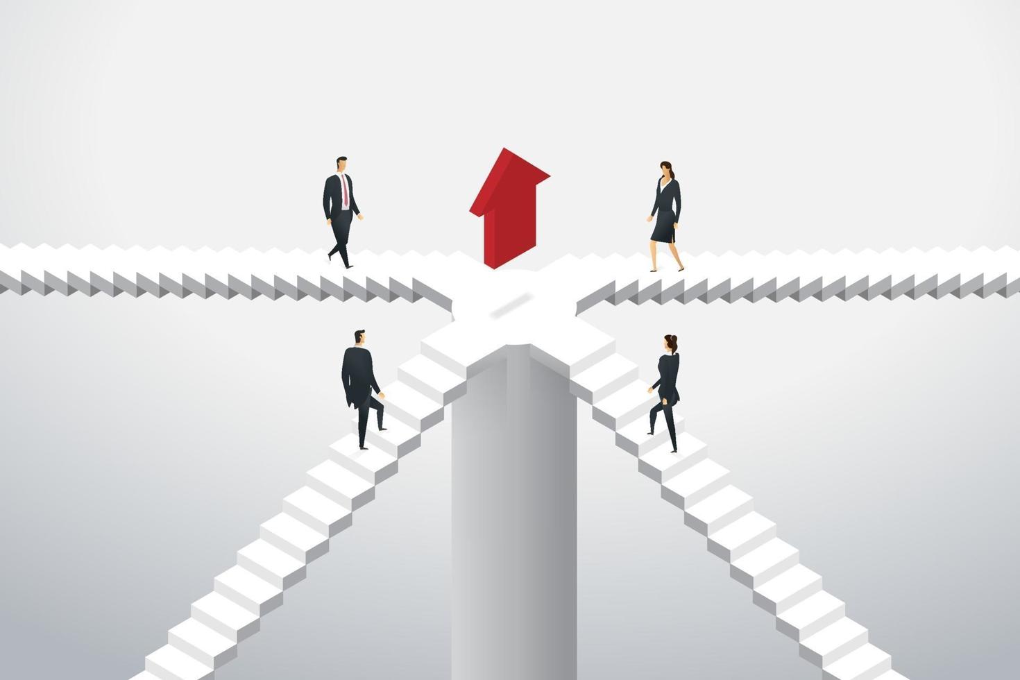 grupo de gente de negocios subiendo escaleras a la flecha roja. vector