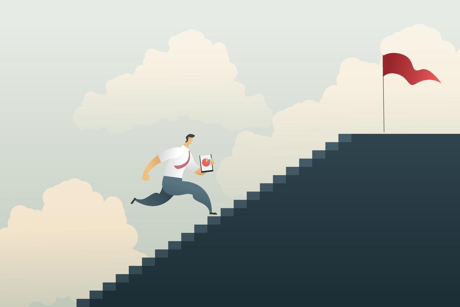 businessman runs up the stairs to a flagged goal. vector