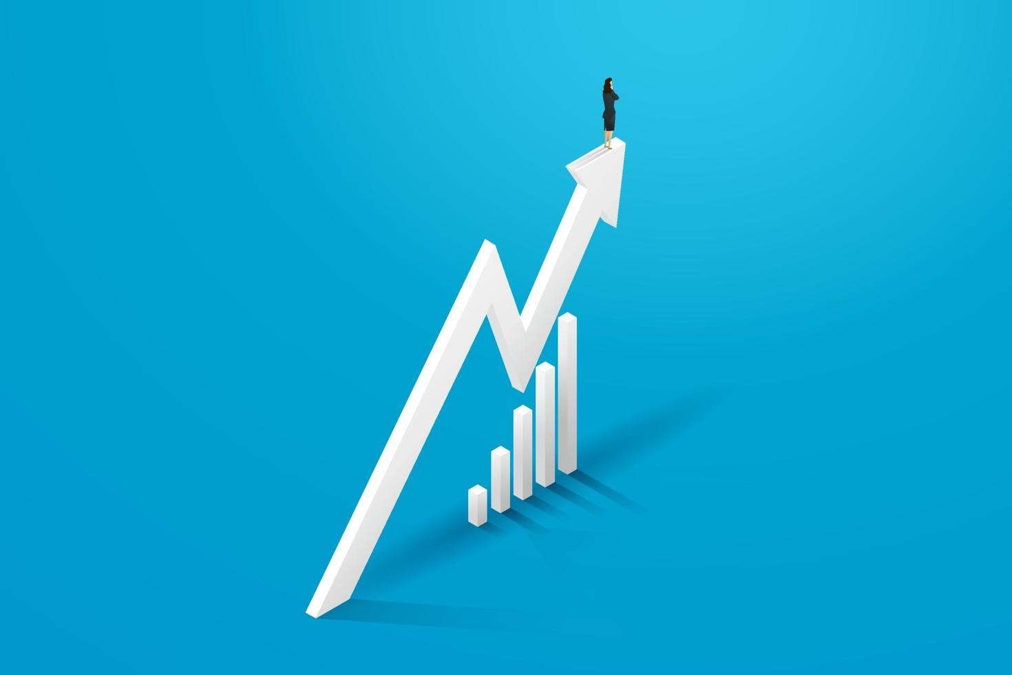 empresaria de pie en la flecha del gráfico y el crecimiento del progreso. vector