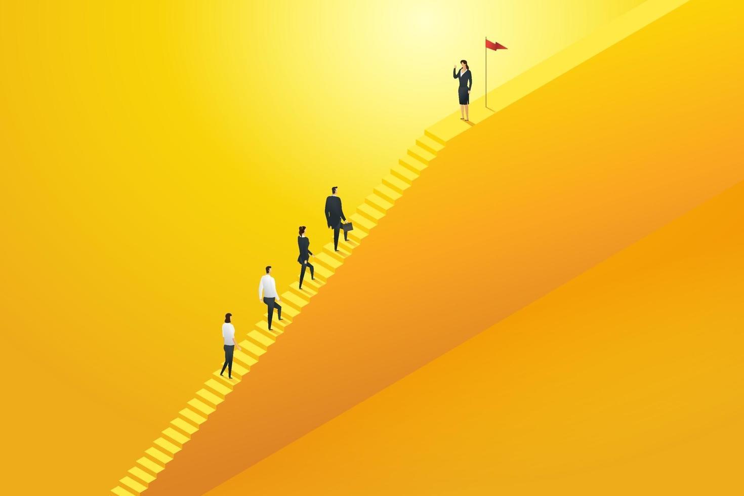 Businesswoman leader business team climbing stairs. vector