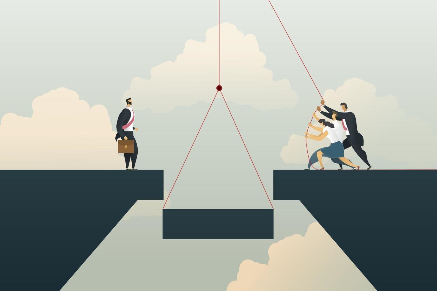 Business teamwork support helping connect the bridge to investment vector
