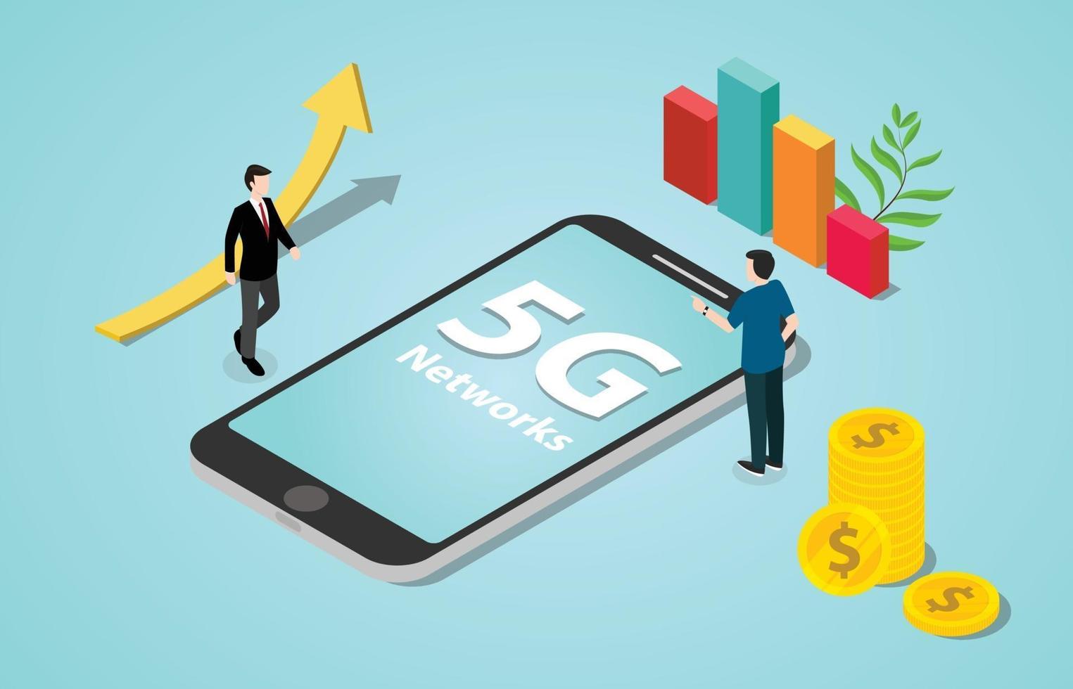 nuevas redes de revolución de velocidad de internet isométricas 5g con teléfono inteligente vector