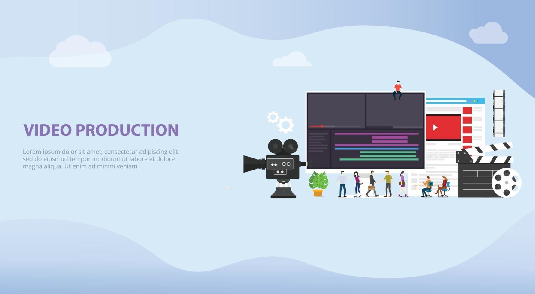 film video production concept with team people and camera editing vector