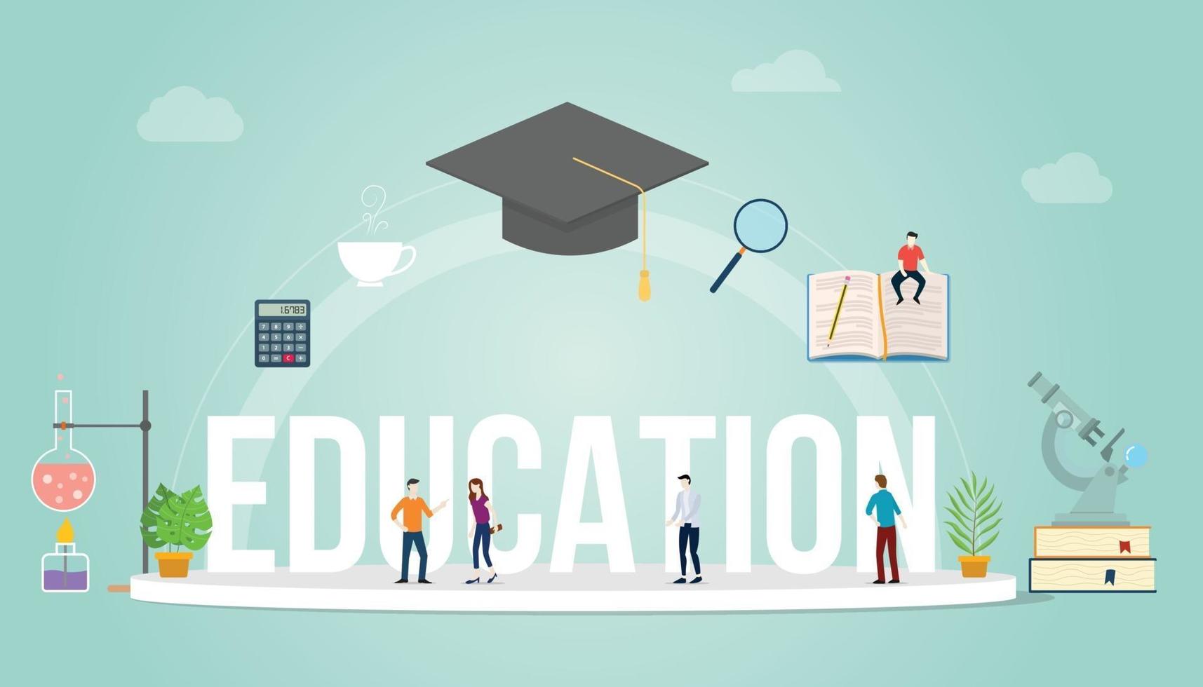 education big word concept with people student and some icon tools vector