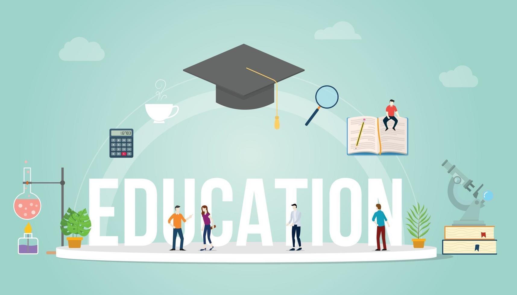 education big word concept with people student and some icon tools vector