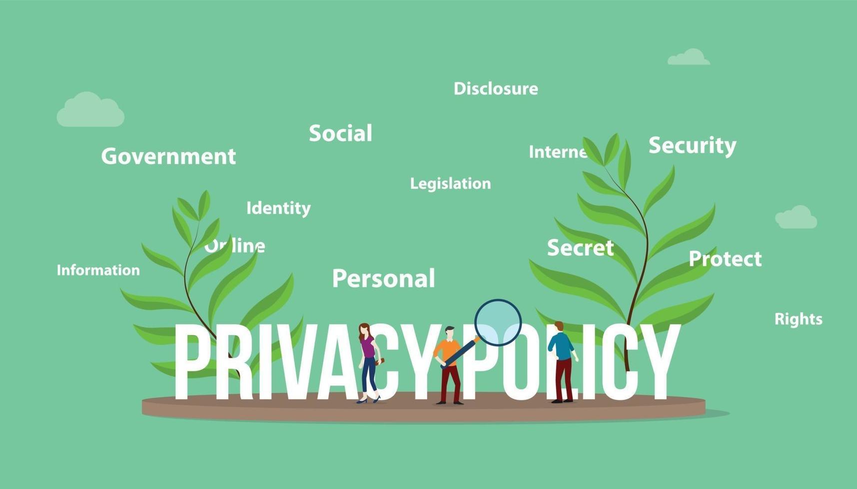 privacy policy concept with people team and big text with leaf vector