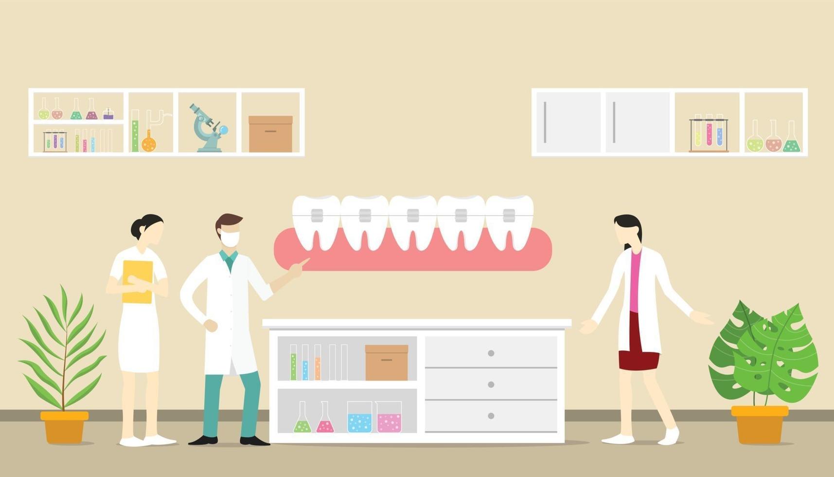 Concepto de dentista de ortodoncia con equipo médico y enfermera personas dientes vector