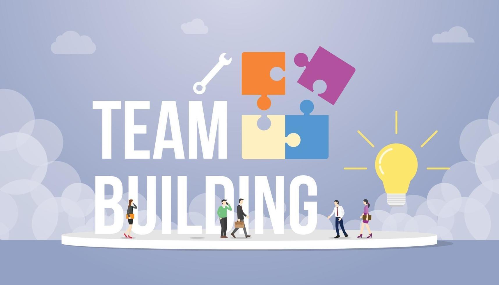 team building concept with big word text and puzzle with team people vector