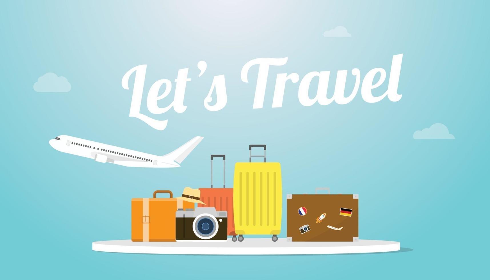 lets travel or holiday poster concept with plane and luggage bag vector