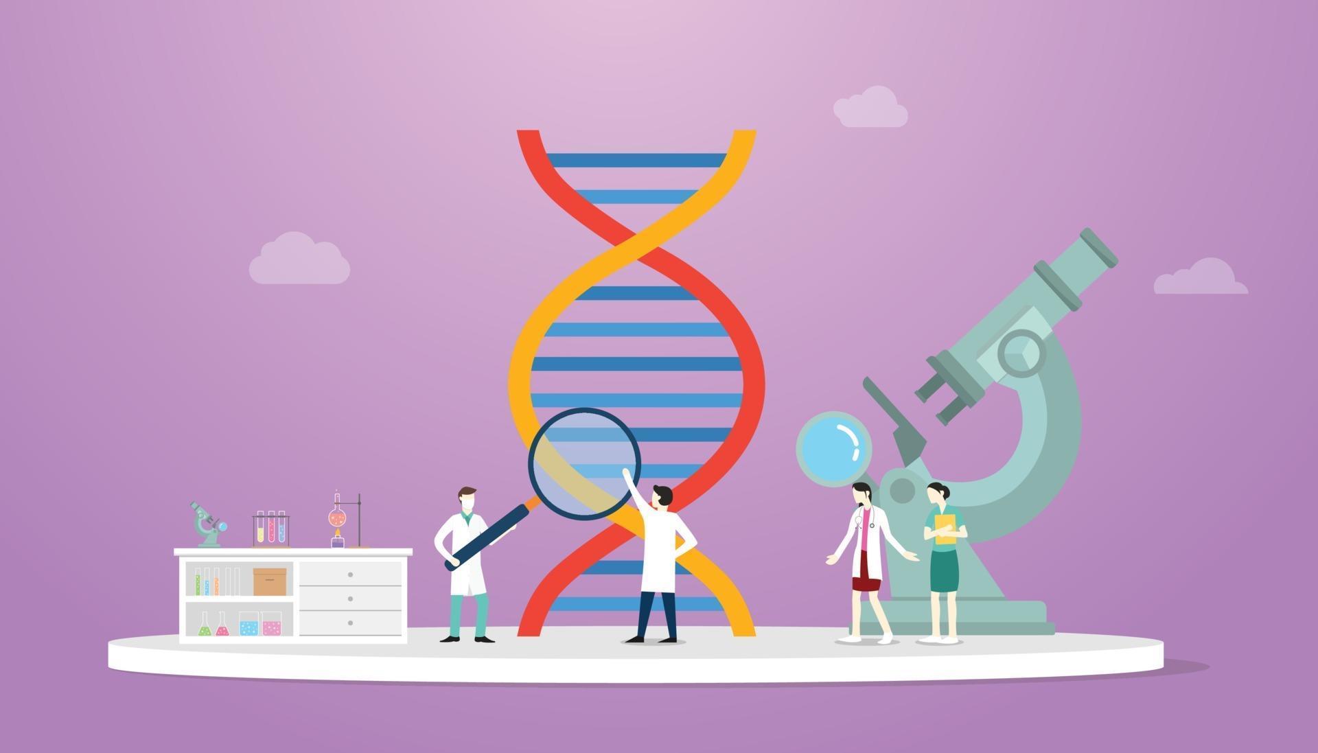 dna science analysis concept with team doctor scientist and big dna