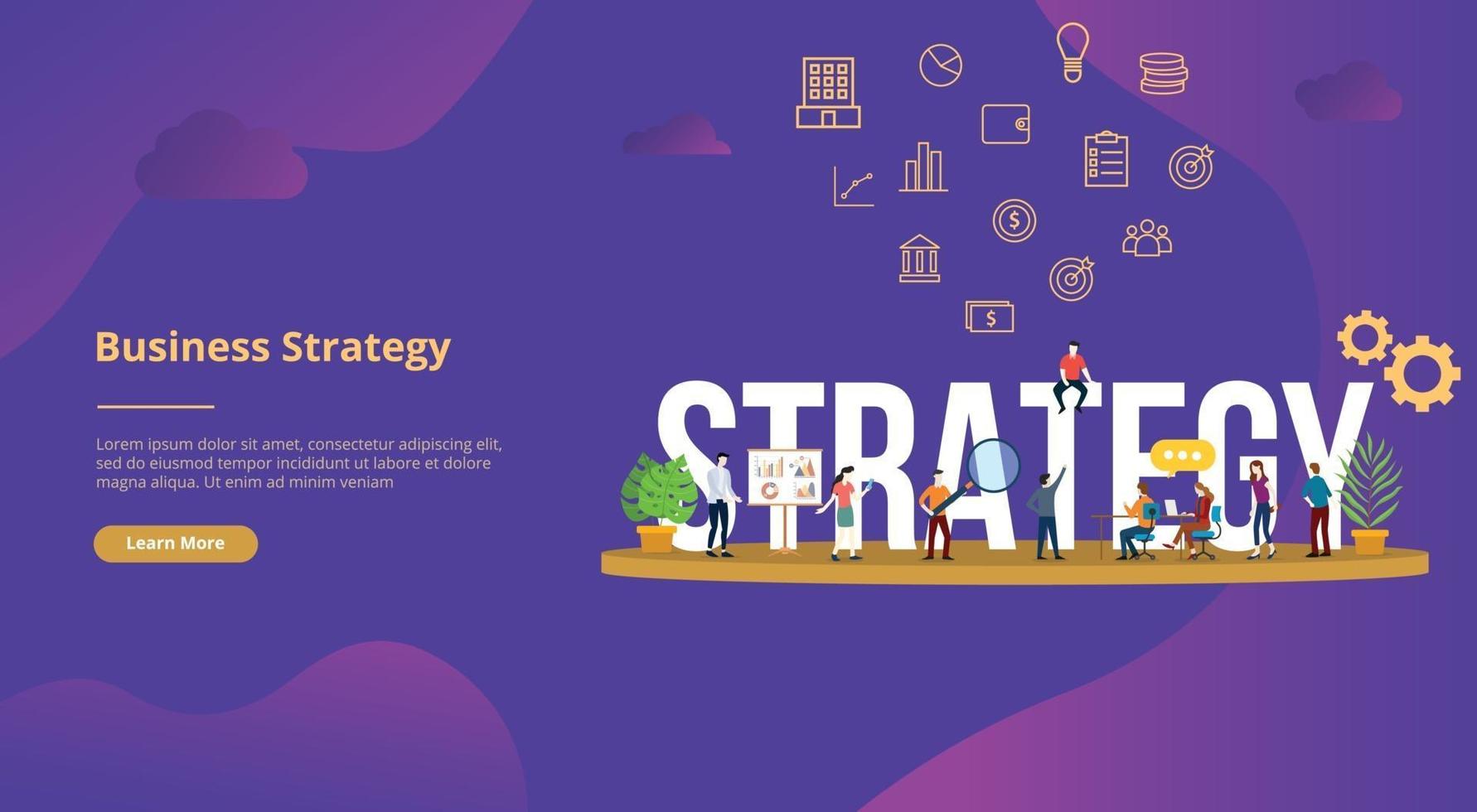 Concepto de estrategia empresarial texto grande con personas para plantilla de sitio web vector