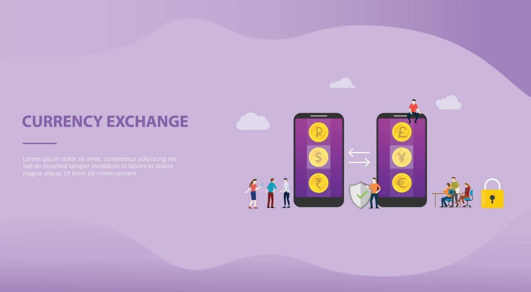 concepto de dinero de cambio de moneda con aplicaciones para teléfonos inteligentes móviles vector