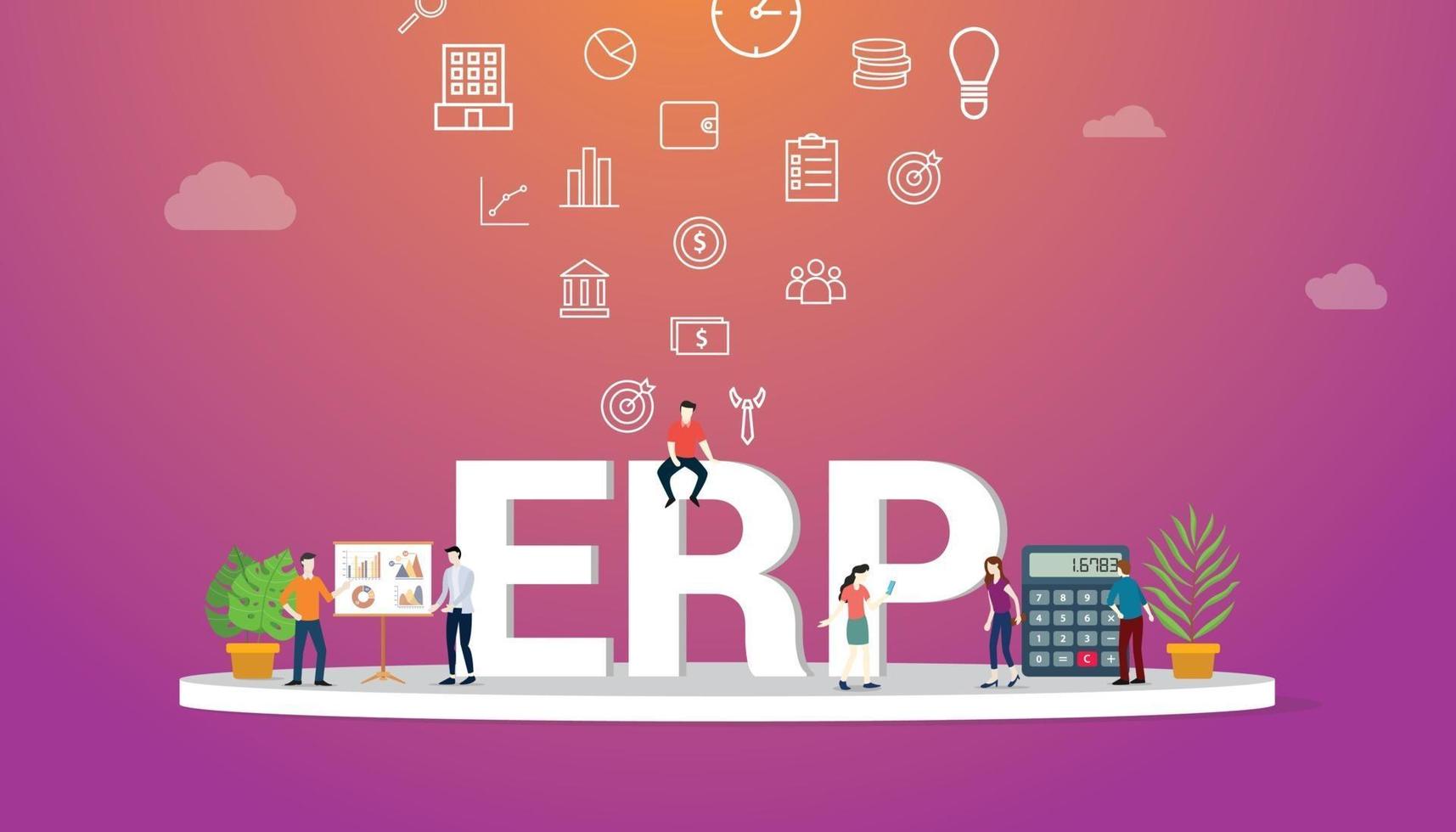 erp business concept with team people working together with big text vector