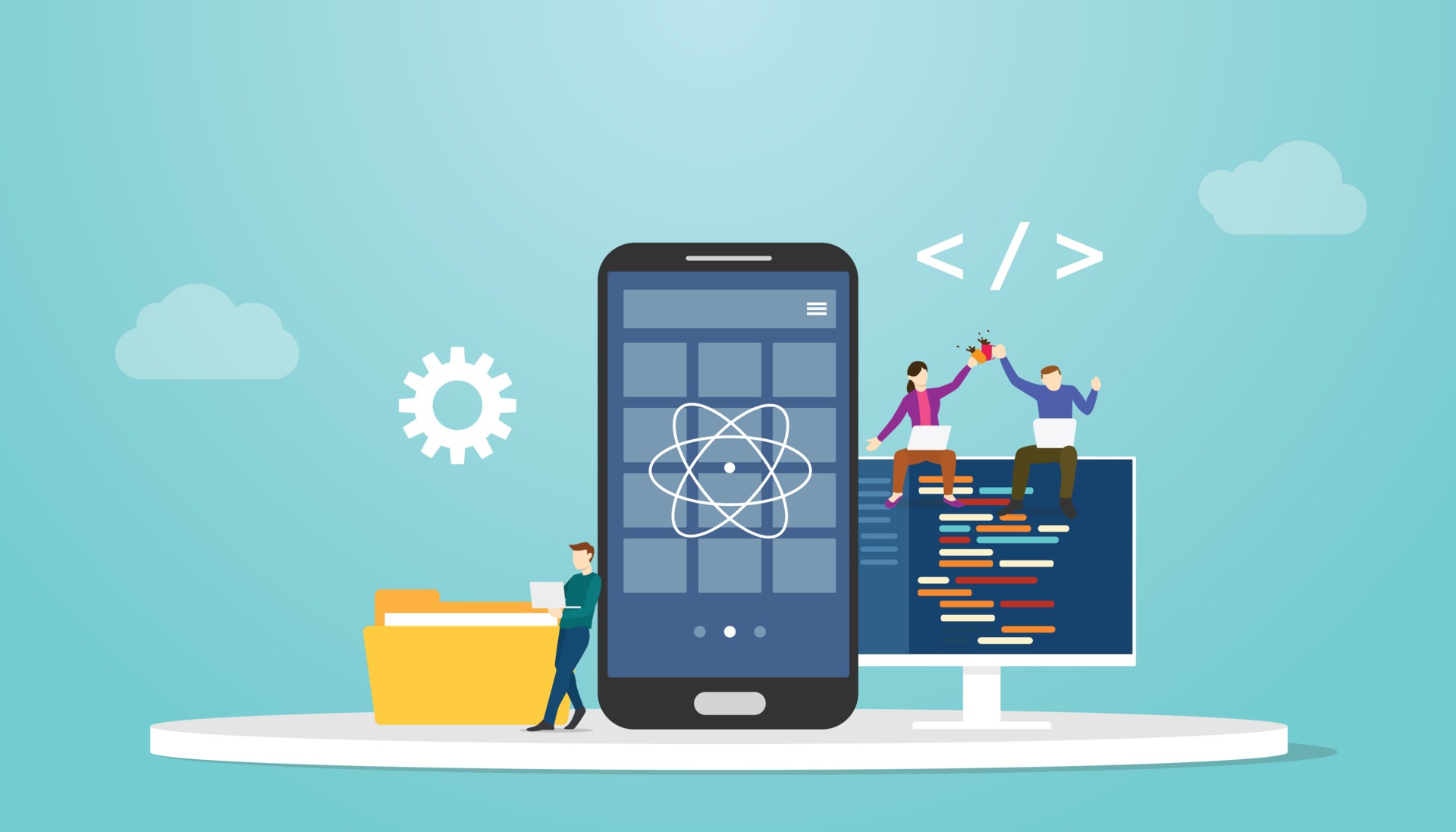 Смартфон в перспективе флет. Mobile app Development. Development of mobile applications, desktop applications. Js illustration. Mobile rights