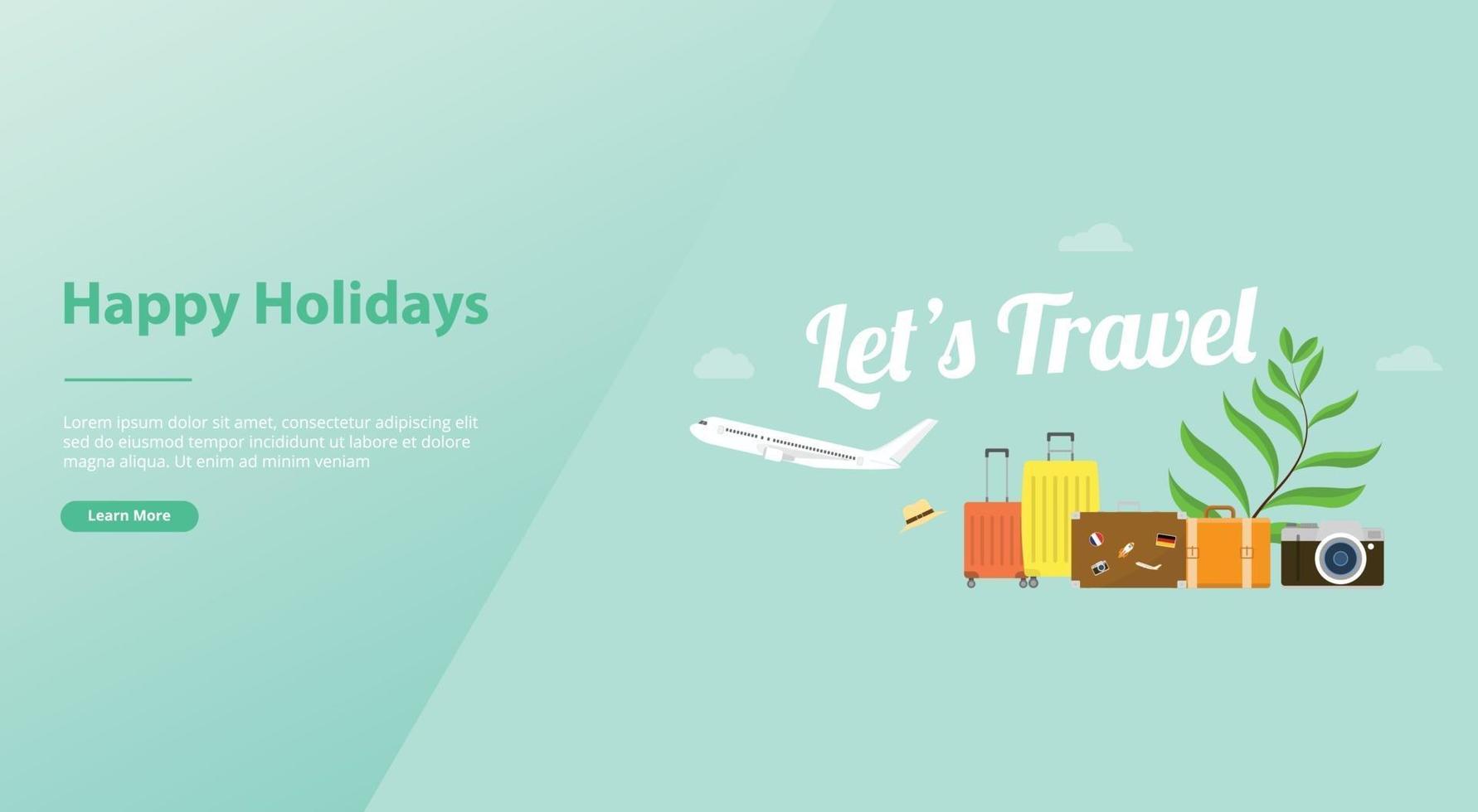 Permite viajar o concepto de cartel de vacaciones con avión y bolsa de equipaje. vector
