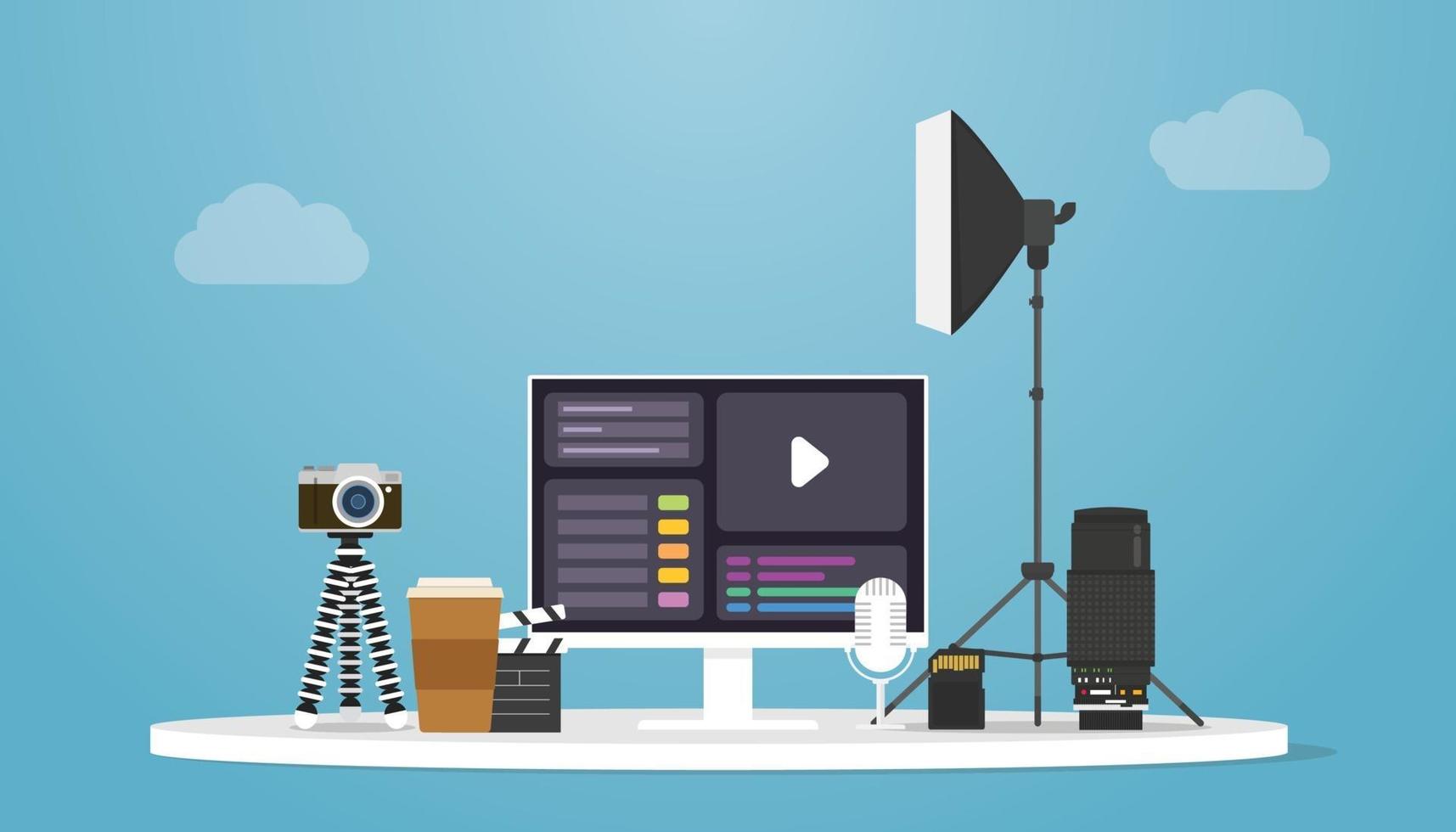 video production concept with camera and tools product vector