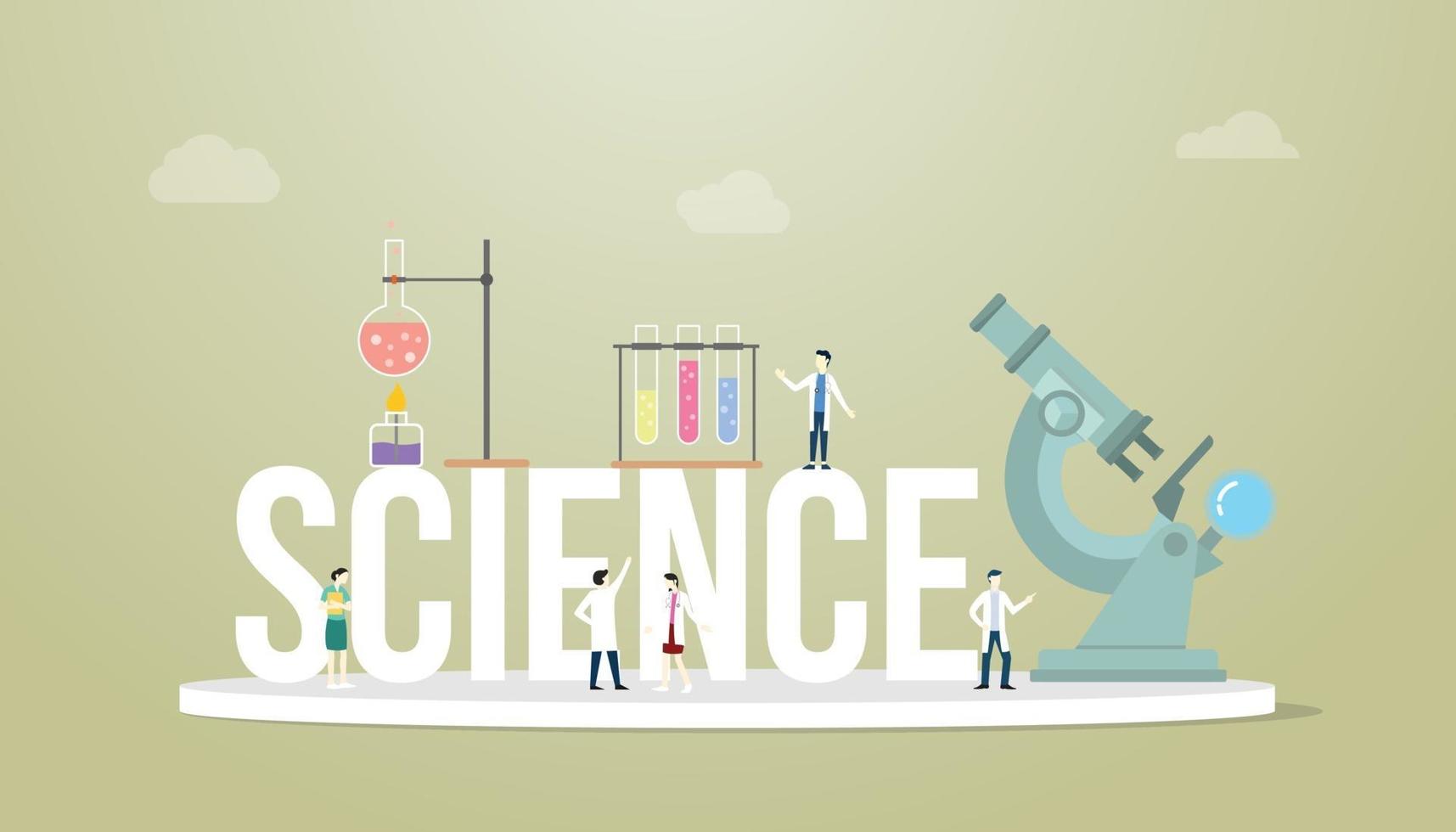 science words concept with team people doctor laboratory tools vector