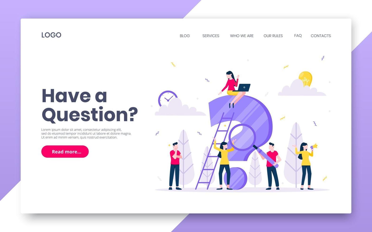 FAQ or Q and A internet landing page concept web template. vector