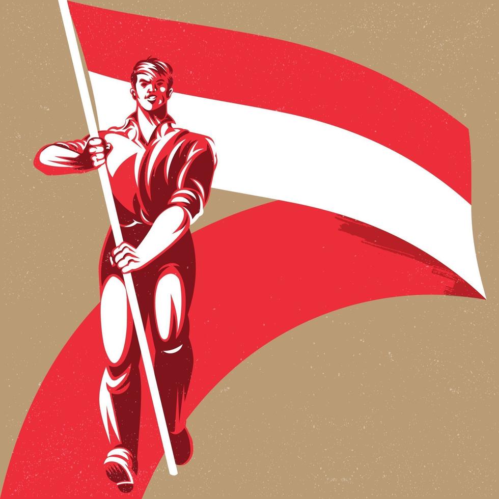 Hombre sosteniendo una bandera de Indonesia con orgullo ilustración vectorial vector