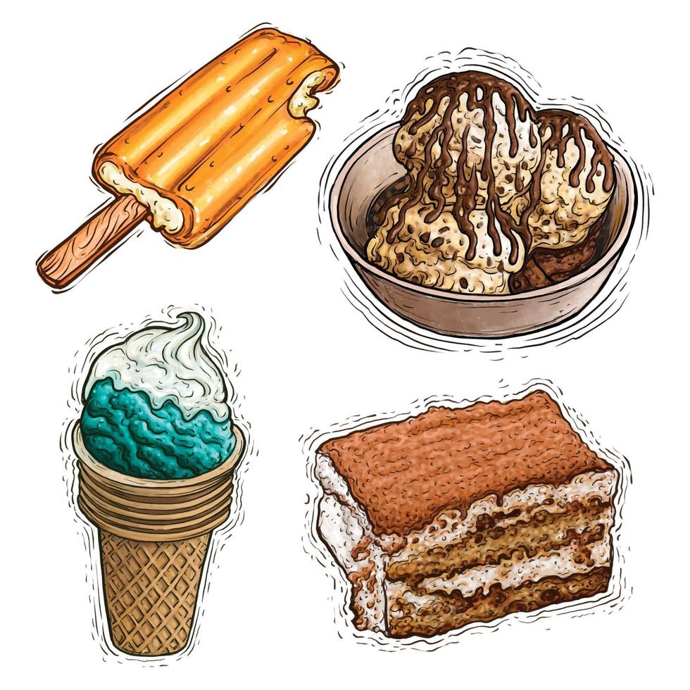 Ice cream, creamsicle, and tiramisu cake watercolor illustration vector