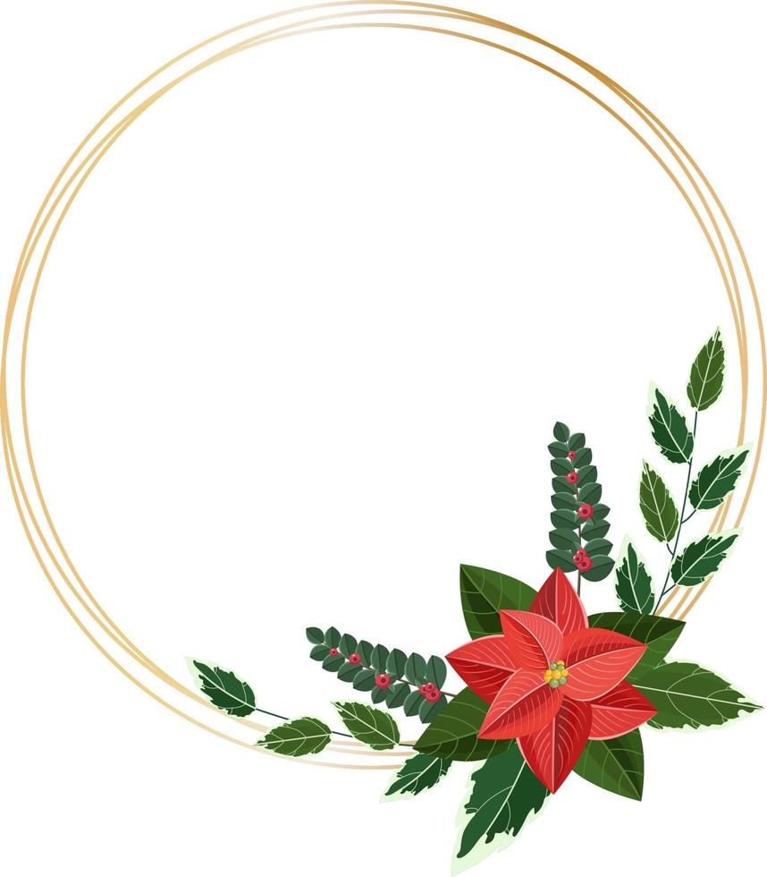 Christmas gold frame with red poinsettia flower and winter leaf vector