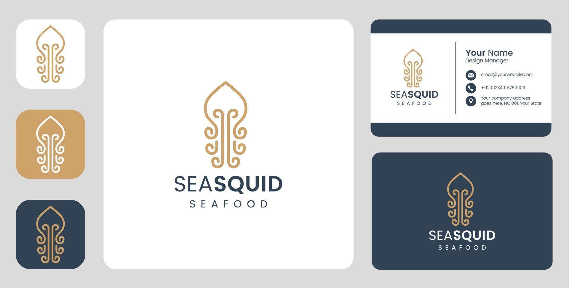 Simple squid fish Logo with stationary template vector