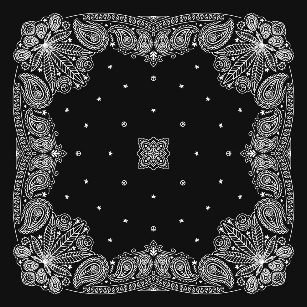 diseño de adorno de paisley bandana en blanco y negro con hoja de cannabis vector