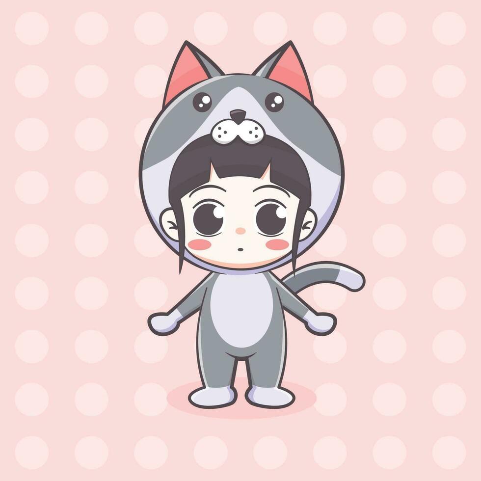 Cute cat costume girl cartoon illustration vector