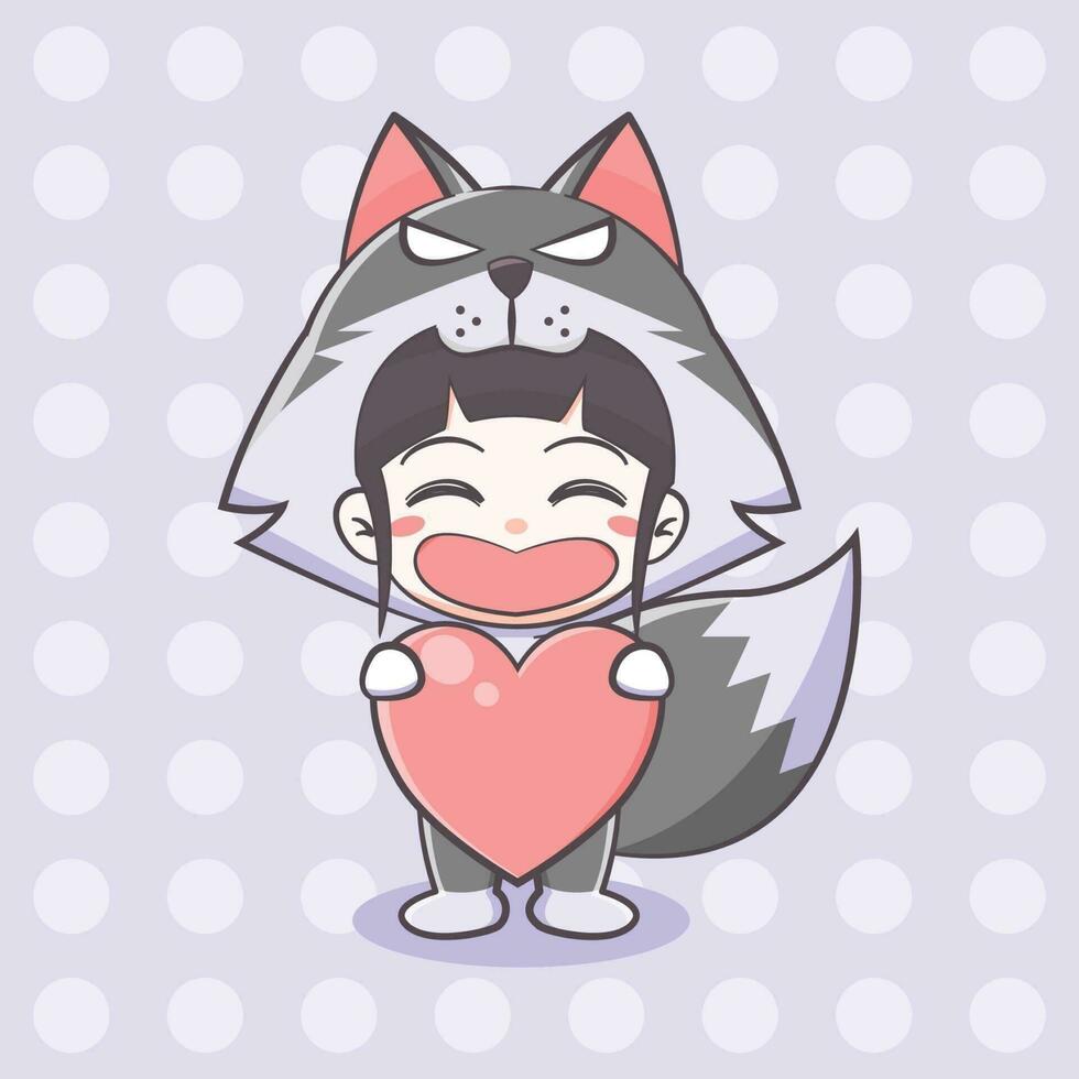 Cute wolf costume girl cartoon illustration vector