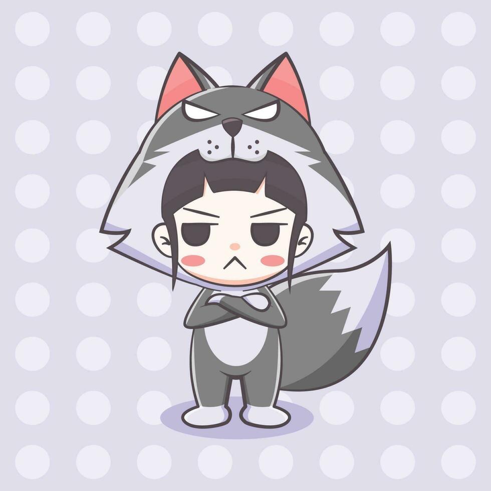 Cute wolf costume girl cartoon illustration vector