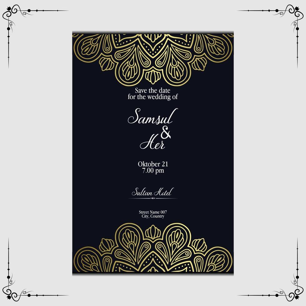 Fondo adornado de mandala de oro de lujo para invitación de boda vector